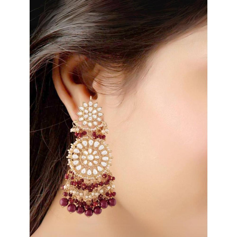 Etnico Gold Plated Intricately Designed Traditional Statement Drop Earrings Glided With Kundans & Pearls (E2883M)