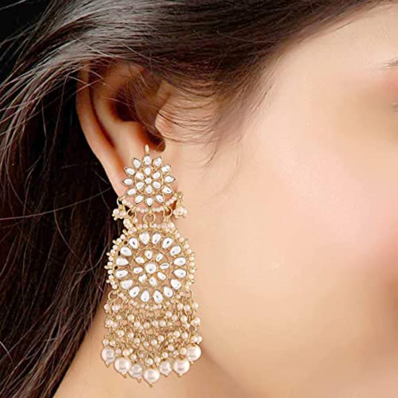 Etnico Gold Plated Intricately Designed Traditional Statement Drop Earrings Glided With Kundans & Pearls (E2883W)