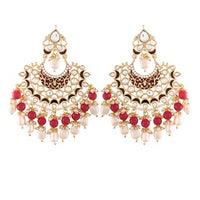 Etnico Women's 18K Gold Plated Intricately Designed Alloy Red Enamel Glided with Kundans and Pearls Traditional Earrings (E2900M)