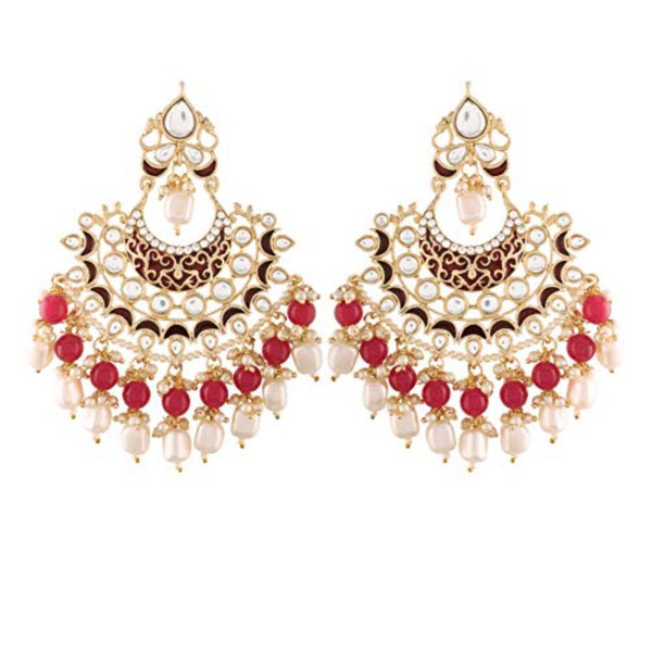 Etnico Women's 18K Gold Plated Intricately Designed Alloy Red Enamel Glided with Kundans and Pearls Traditional Earrings (E2900M)