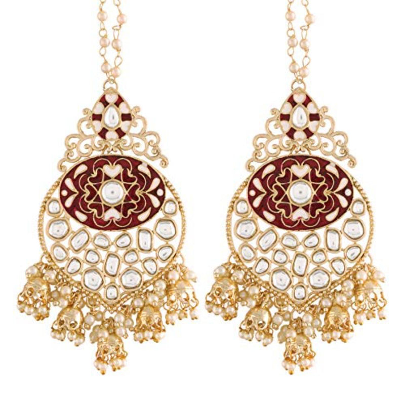 Etnico 18K Gold Plated Intricately Designed Traditional Earrings with Detachable Hair Chain Encased With Kundans & Pearls (E2901M)