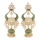 Etnico 18K Gold Plated Intricately Designed Traditional Green Enamel Glided With Kundans & Pearls Jumka Earrings For Women (E2902G)