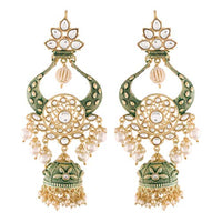 Etnico 18K Gold Plated Intricately Designed Traditional Green Enamel Glided With Kundans & Pearls Jumka Earrings For Women (E2902G)