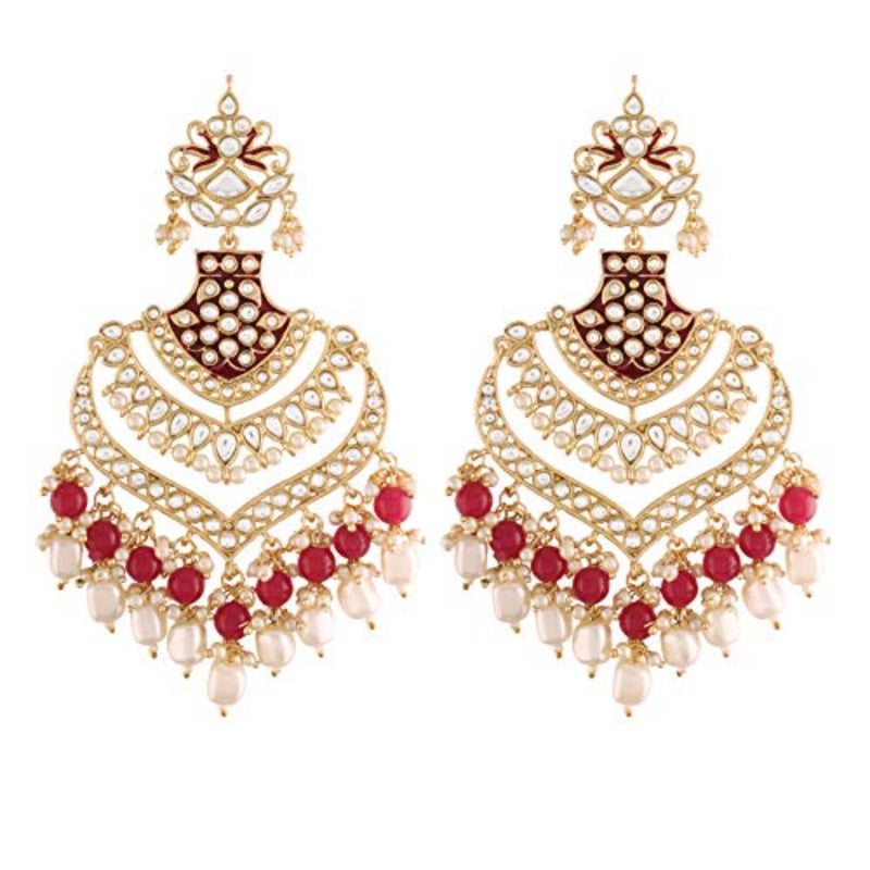 Etnico Maroon 18K Gold Plated Alloy Ruby Enamel Glided with Kundans and Pearls Intricately Designed Traditional Long Earrings for Women (E2903M)