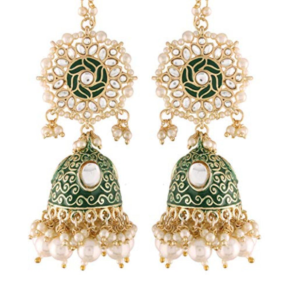 Etnico 18K Gold Plated Alloy Intricately Designed Traditional with Detachable Hair Chain Encased with Kundans and Pearls Jumki Earrings For Women (E2906G)