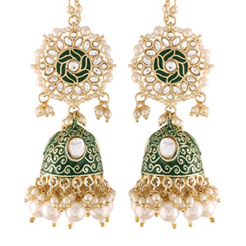 Etnico 18K Gold Plated Alloy Intricately Designed Traditional with Detachable Hair Chain Encased with Kundans and Pearls Jumki Earrings For Women (E2906G)