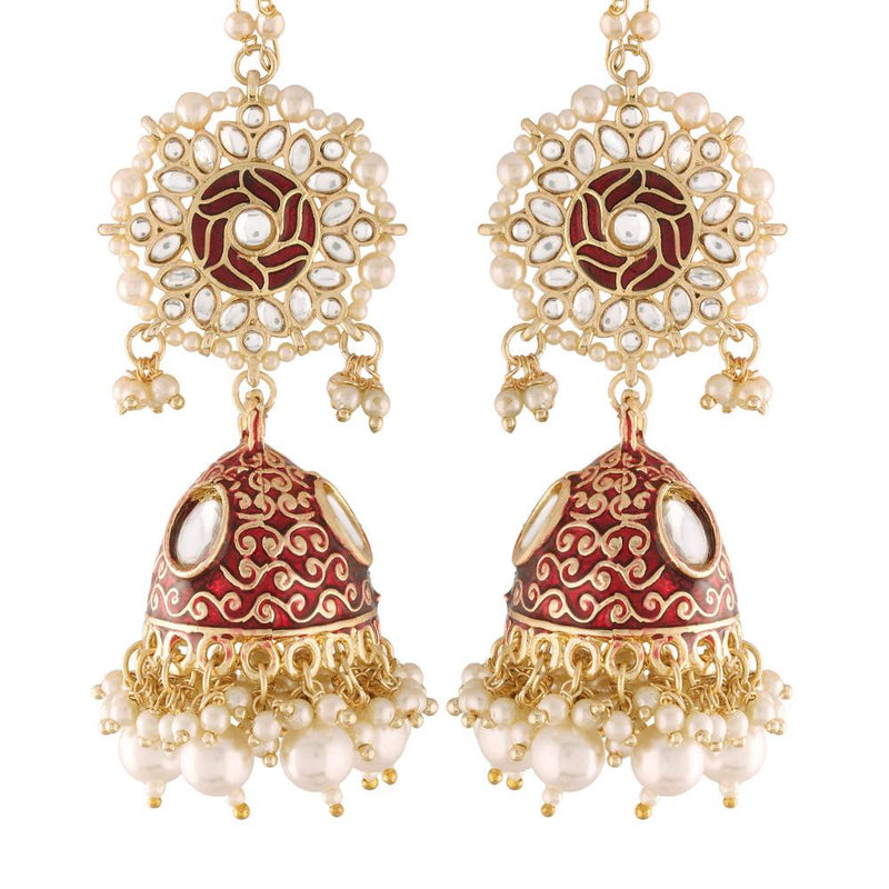 Etnico 18K Gold Plated Alloy Intricately Designed Traditional with Detachable Hair Chain Encased with Kundans and Pearls Jhumka Earrings For Women (E2906M)