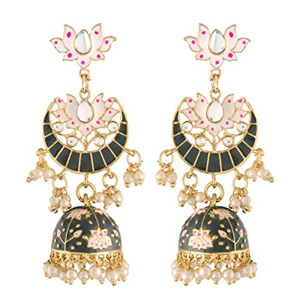 Etnico 18K Gold Plated Traditional Floral Kundan Studded Black Meenakari Jhumka Earrings For Women (E2912B)
