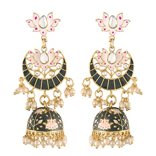 Etnico 18K Gold Plated Traditional Floral Kundan Studded Black Meenakari Jhumka Earrings For Women (E2912B)