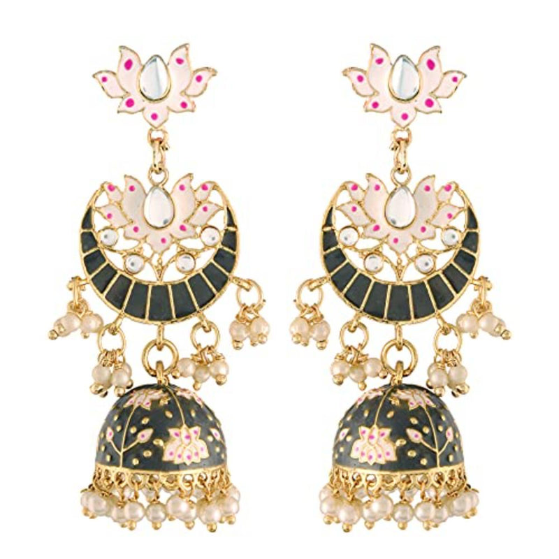 Etnico 18K Gold Plated Traditional Floral Kundan Studded Black Meenakari Jhumka Earrings For Women (E2912B)