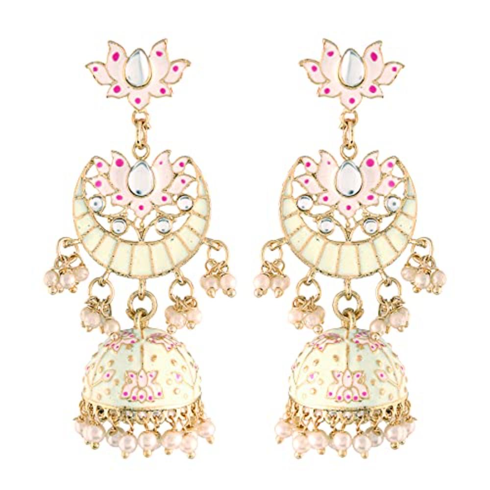 Etnico 18K Gold Plated Traditional Floral Kundan Studded Cream Meenakari Jhumka Earrings For Women (E2912Cr)