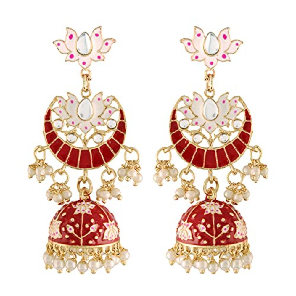 Etnico 18K Gold Plated Traditional Floral Kundan Studded Red Meenakari Jhumka Earrings For Women (E2912R)