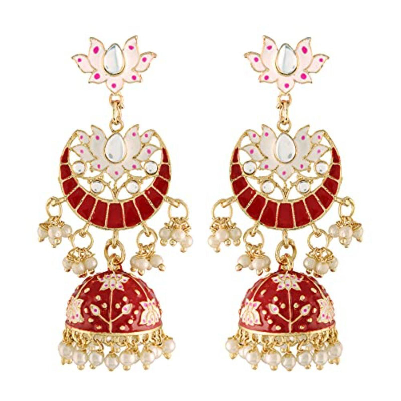 Etnico 18K Gold Plated Traditional Floral Kundan Studded Red Meenakari Jhumka Earrings For Women (E2912R)