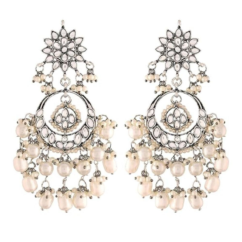 Etnico Silver Oxidised Traditional Kundan & Pearl Chandbali Earrings for Women (E2916OX)