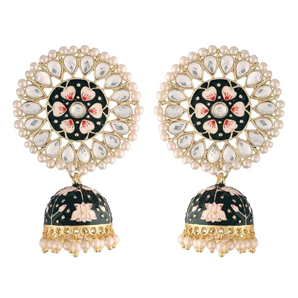 Etnico Gold Plated Traditional Meenakari Kundan & Pearl Jhumka Earring for Women (E2917B)