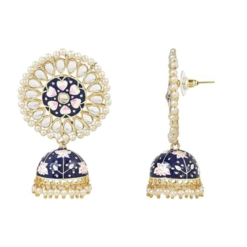 Etnico Gold Plated Traditional Meenakari Kundan & Pearl Jhumka Earring for Women (E2917Bl)