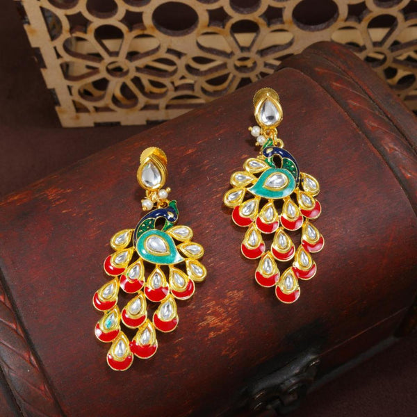 Etnico Gold Plated Meenakari Kundan Studded Peacock Design Dangle Earrings For Women (E2918R)