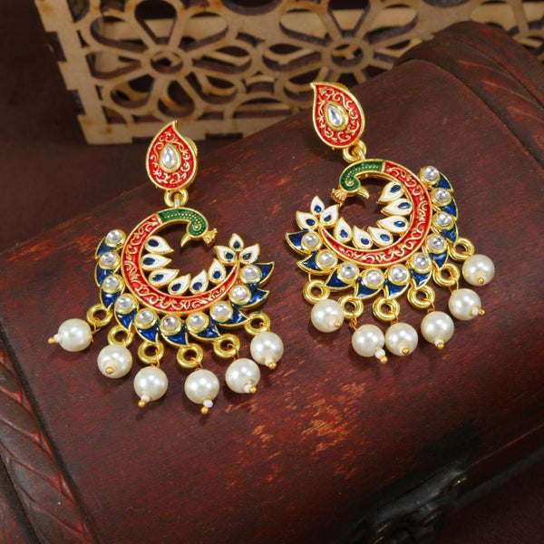 Etnico Gold Plated Meenakari Kundan Studded Peacock Design Dangle Earrings For Women (E2919Bl)