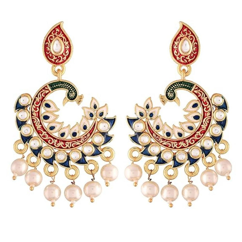 Etnico Gold Plated Meenakari Kundan Studded Peacock Design Dangle Earrings For Women (E2919Bl)