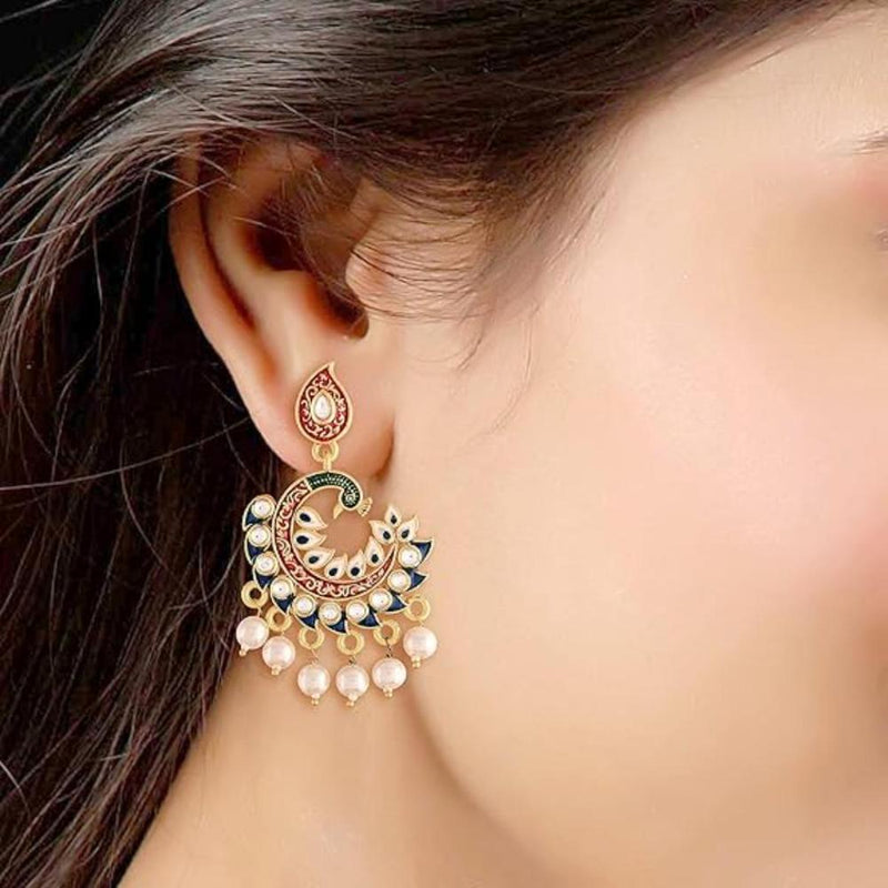 Etnico Gold Plated Meenakari Kundan Studded Peacock Design Dangle Earrings For Women (E2919Bl)