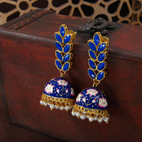 Etnico Gold Plated Meenakari Leaf Shaped Pearl Drop Jhumka Earrings For Women (E2922Bl)