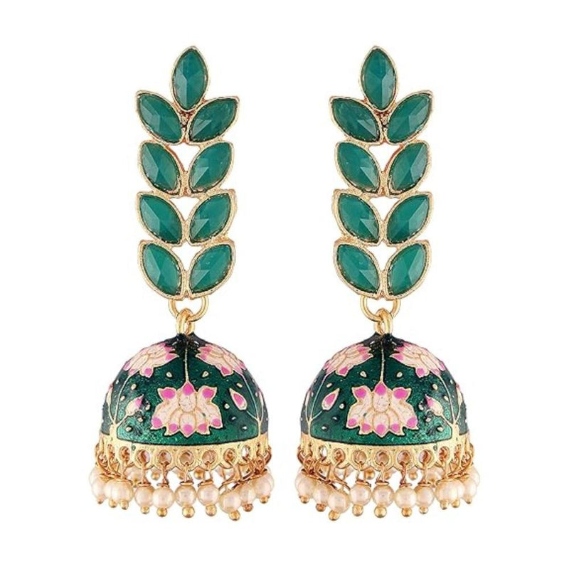 Etnico Gold Plated Meenakari Leaf Shaped Pearl Drop Jhumka Earrings For Women (E2922G)