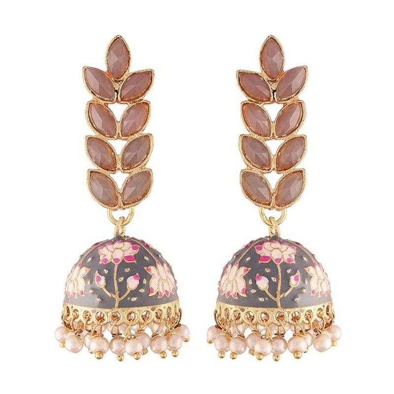 Etnico Gold Plated Meenakari Leaf Shaped Pearl Drop Jhumka Earrings For Women (E2922Gr)