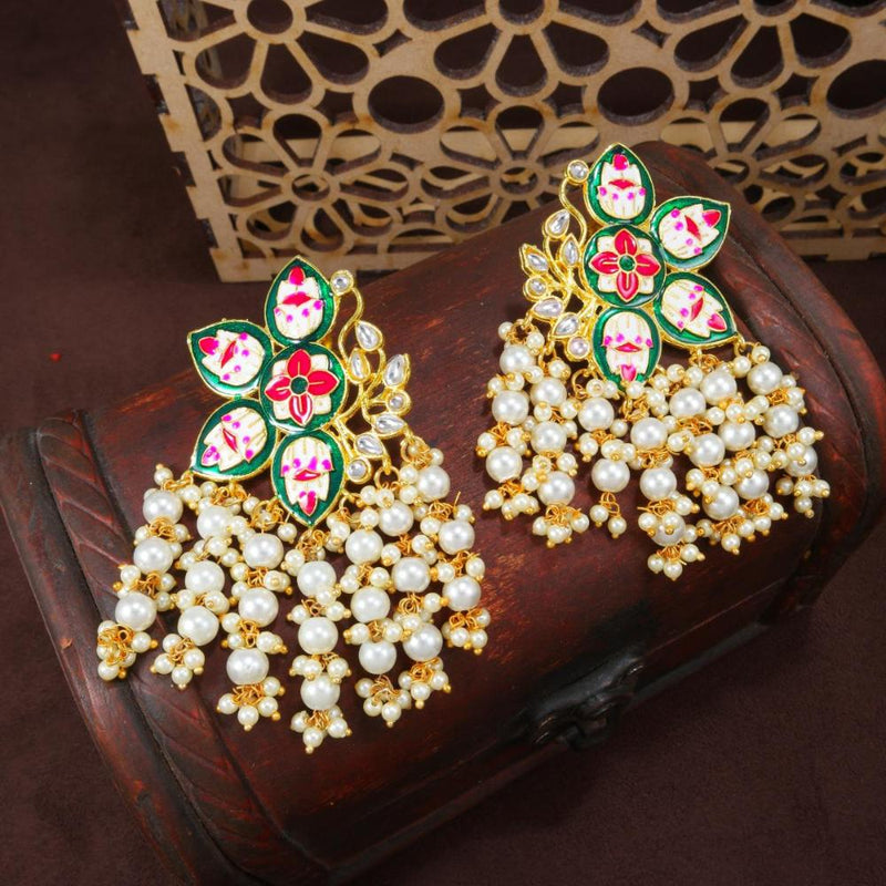 Etnico Gold Plated Meenakari Kundan & Pearl Drop Earrings For Women (E2923G)