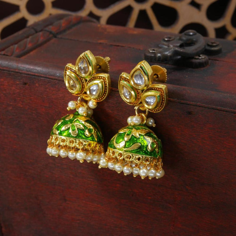 Etnico Gold Plated Meenakari Kundan & Pearl Drop Jhumka Earrings For Women (E2924G)