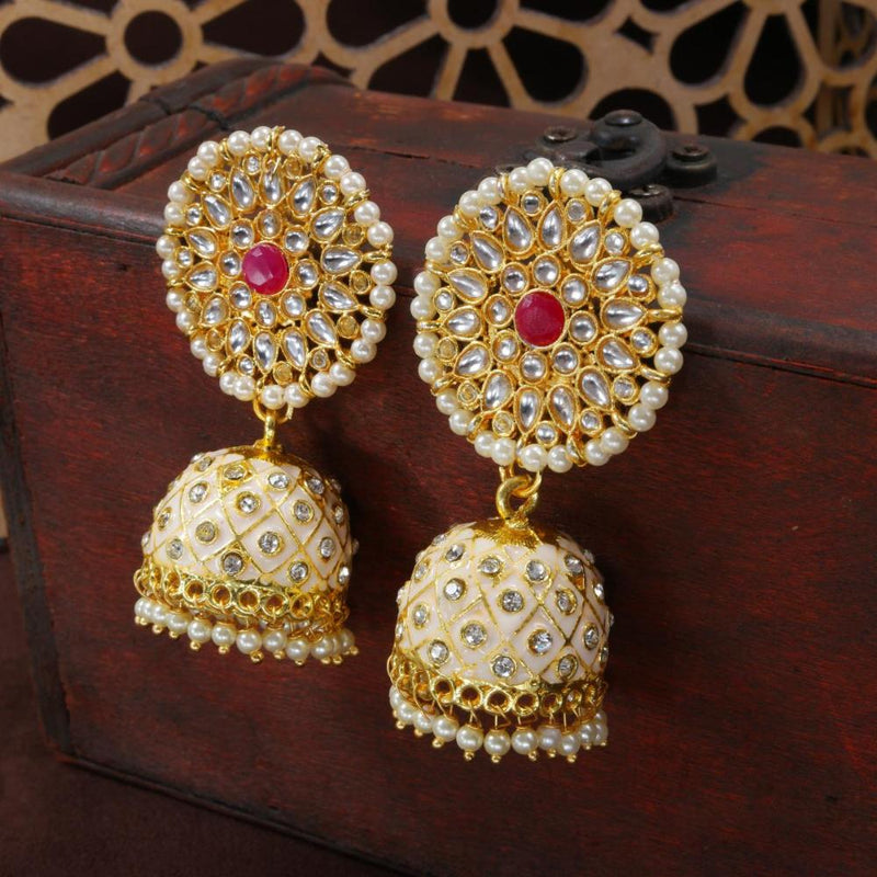 Etnico Gold Plated Meenakari Kundan & Pearl Drop Jhumka Earrings For Women (E2925Cr)