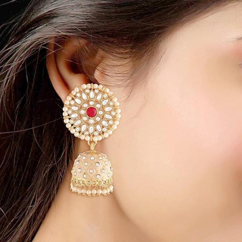 Etnico Gold Plated Meenakari Kundan & Pearl Drop Jhumka Earrings For Women (E2925Cr)