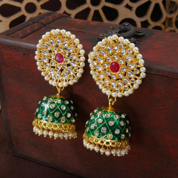 Etnico Gold Plated Meenakari Kundan & Pearl Drop Jhumka Earrings For Women (E2925Cr)