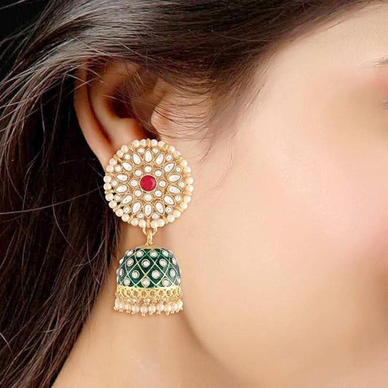 Etnico Gold Plated Meenakari Kundan & Pearl Drop Jhumka Earrings For Women (E2925Cr)