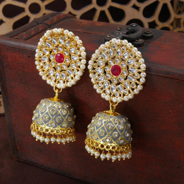 Etnico Gold Plated Meenakari Kundan & Pearl Drop Jhumka Earrings For Women (E2925Gr)