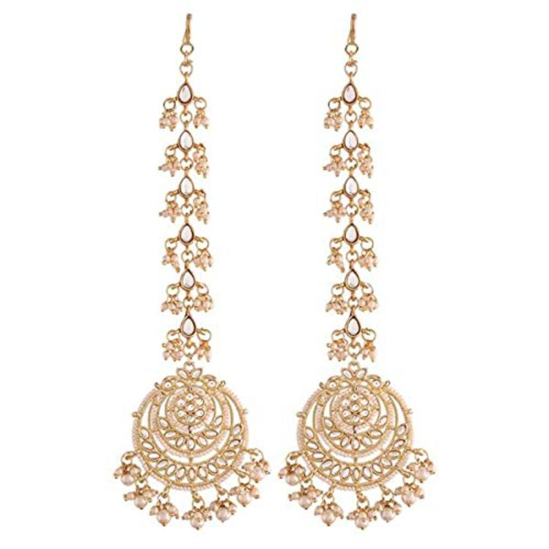 Etnico Gold Plated Kundan & Pearl Chandbali Earrings with Pear Earchain For Women (E2928W)