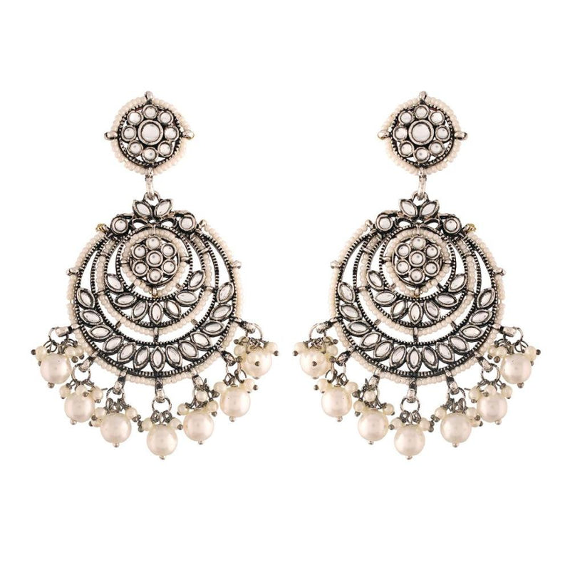 Etnico Silver Oxidised Traditional Kundan & Pearl Chandbali Earrings for Women (E3002OX)