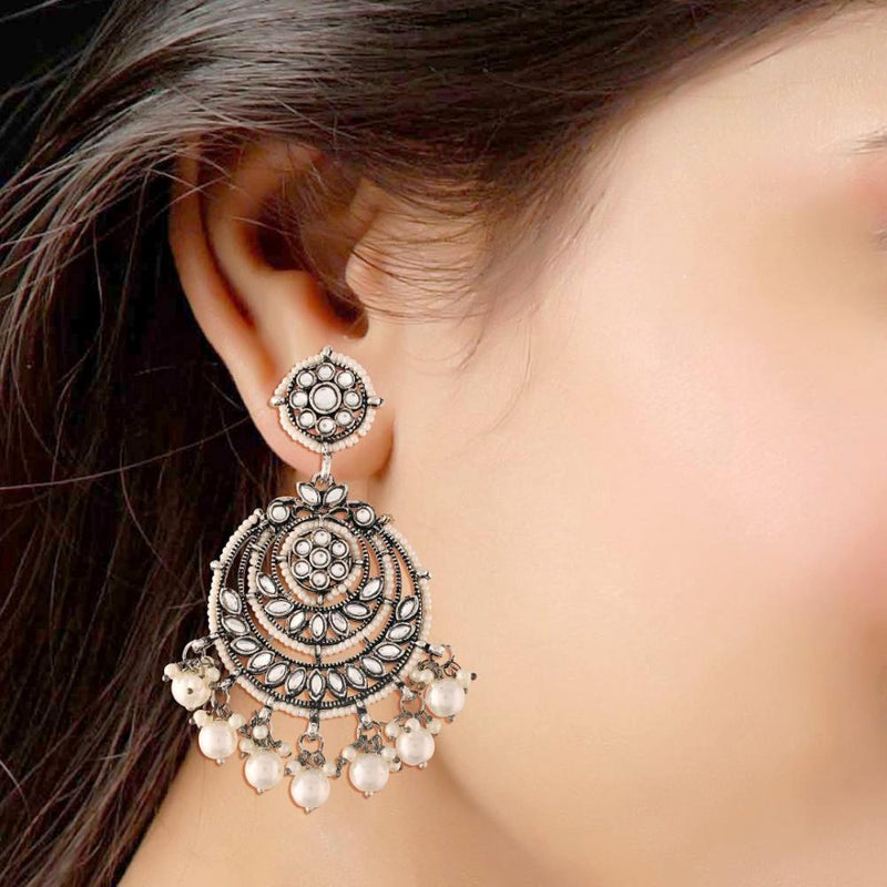 Etnico Silver Oxidised Traditional Kundan & Pearl Chandbali Earrings for Women (E3002OX)