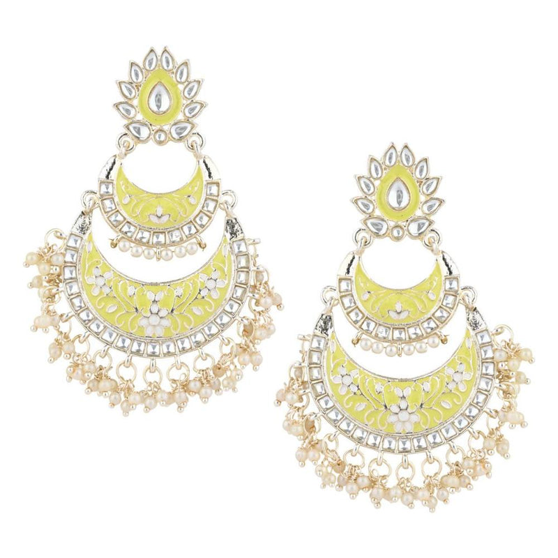 Etnico Gold Plated Traditional Meenakari Kundans & Pearl Chandbali Earrings For Women (E3003LY)