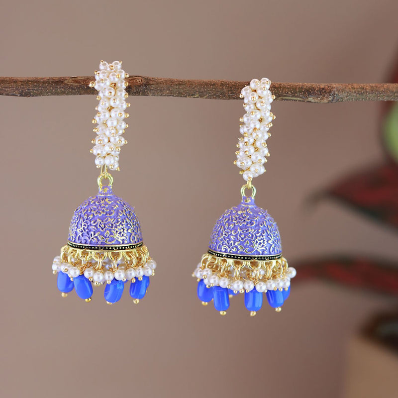 Etnico Gold Plated Traditional Meenakari Handcrafted Blue Pearl Jhumki Earrings for Women/Girls(E3072Bl)