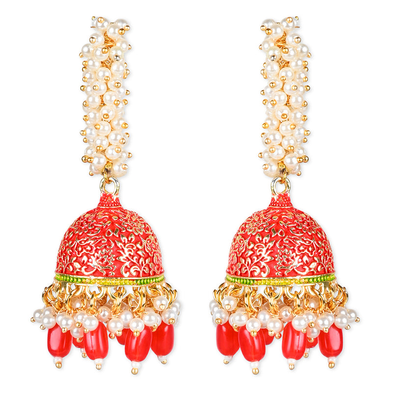Etnico Gold Plated Traditional Meenakari Handcrafted Red Pearl Jhumki Earrings for Women/Girls(E3072R)