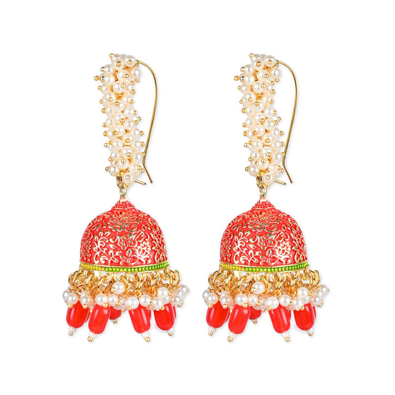 Etnico Gold Plated Traditional Meenakari Handcrafted Red Pearl Jhumki Earrings for Women/Girls(E3072R)