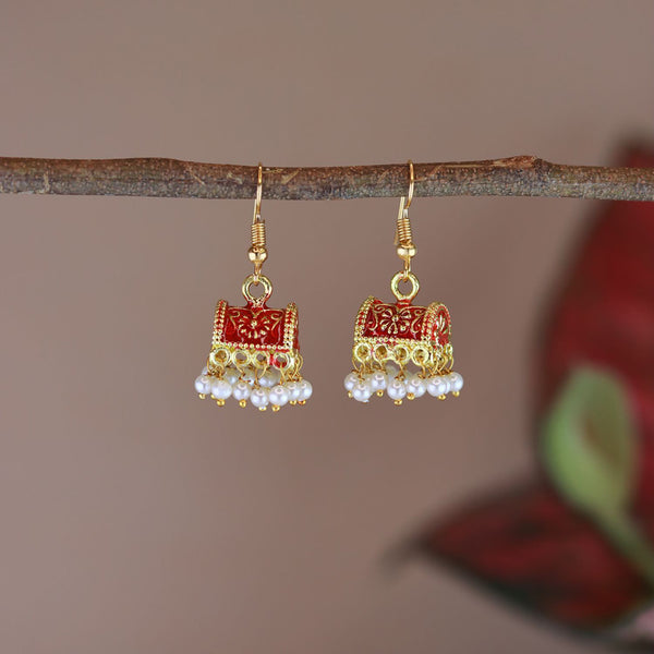 Etnico Gold Plated Traditional Meenakari Handcrafted Red Pearl Jhumki Earrings for Women/Girls(E3074R)