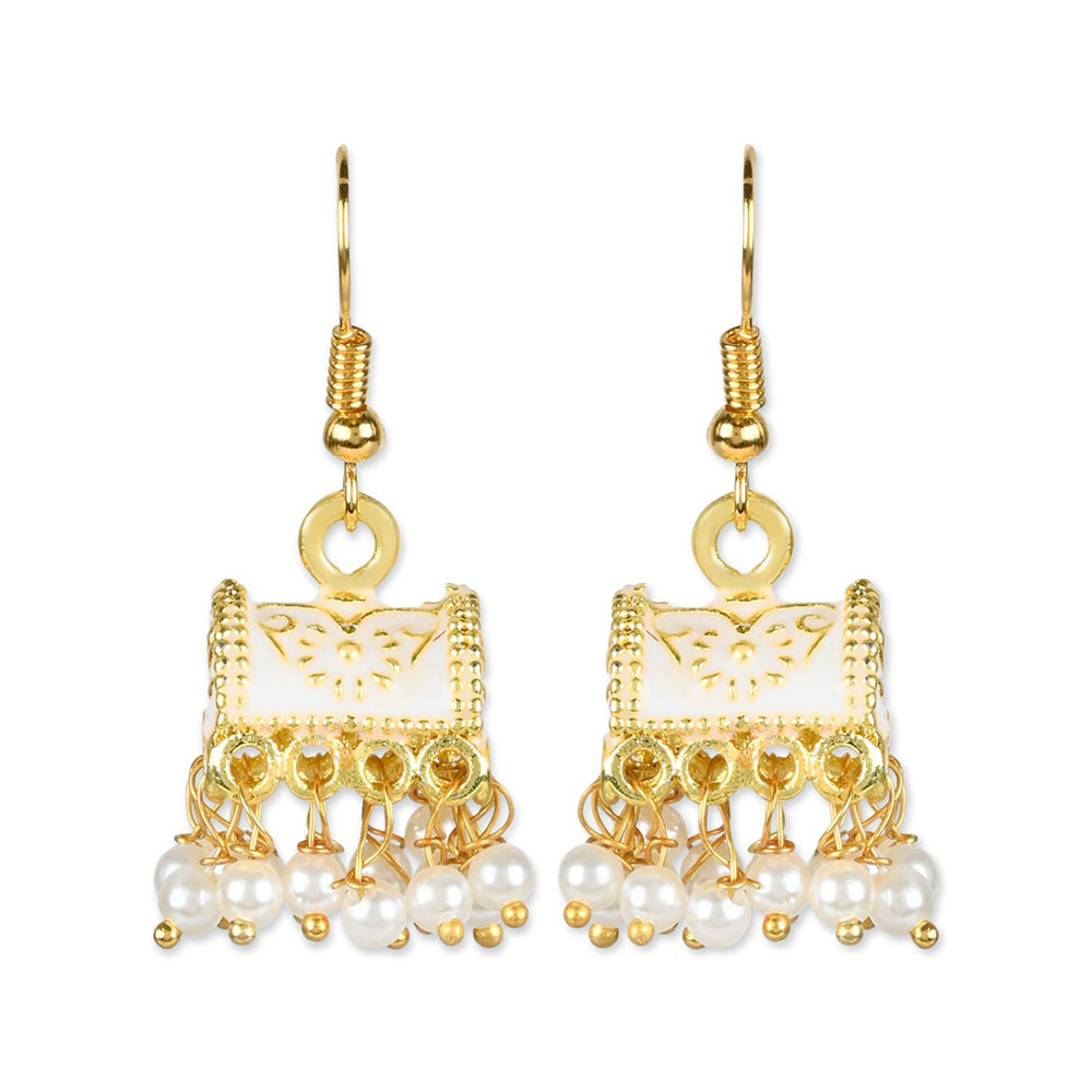 Etnico Gold Plated Traditional Meenakari Handcrafted White Pearl Jhumki Earrings for Women/Girls(E3074W)