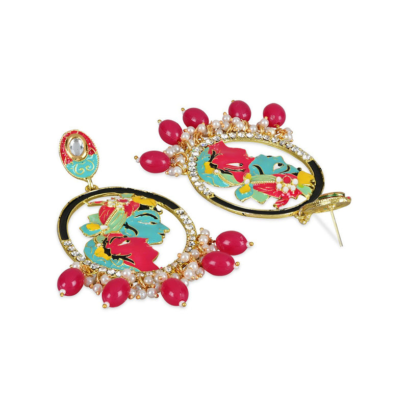 Etnico Gold Plated Traditional Meenakari Temple Radha Krishna Jhumka Earrings for Women and Girls (E3075Q)