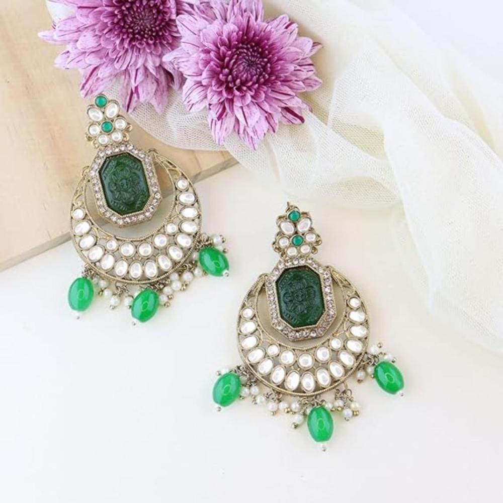 Etnico Gold Plated Traditional Kundan Pearl Stone Chandbali Earrings For Women/Girls (Green)