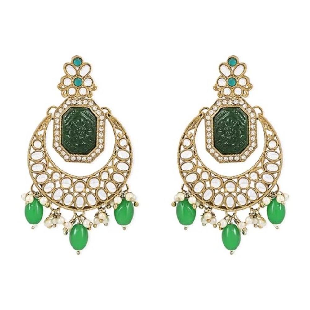 Etnico Gold Plated Traditional Kundan Pearl Stone Chandbali Earrings For Women/Girls (Green)