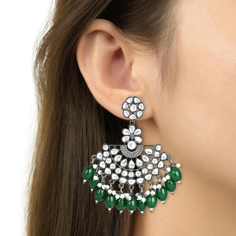 Etnico Silver Oxidised Kundan & Pearl Chandbali Earrings For Women (E3106ZG)