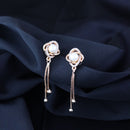Etnico Rose Gold Plated Floral Shape Sparkling Stud CZ American Diamond Mother's Day Special Pearl Studed Tassel Drop Fashionable Earrings for Women