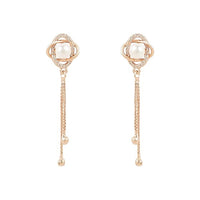 Etnico Rose Gold Plated Floral Shape Sparkling Stud CZ American Diamond Mother's Day Special Pearl Studed Tassel Drop Fashionable Earrings for Women