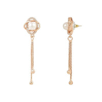 Etnico Rose Gold Plated Floral Shape Sparkling Stud CZ American Diamond Mother's Day Special Pearl Studed Tassel Drop Fashionable Earrings for Women